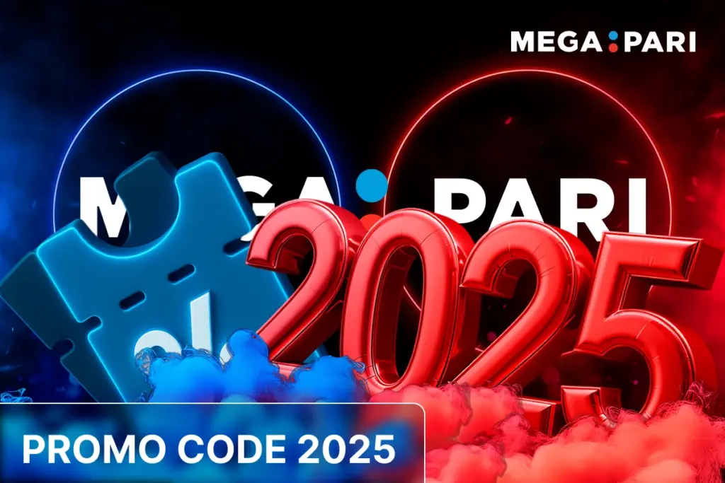 MegaPari promo code 2025 with glowing blue coupon and large red 2025 numbers in smoky neon background