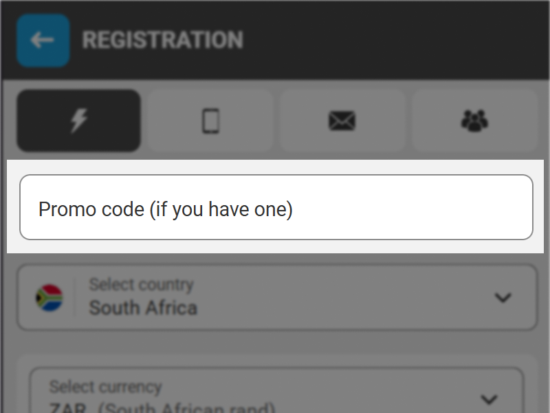 MegaPari registration form with highlighted promo code input field for entering code to receive welcome bonus