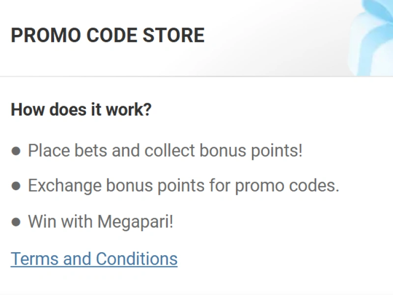 MegaPari Promo Code Store page on website