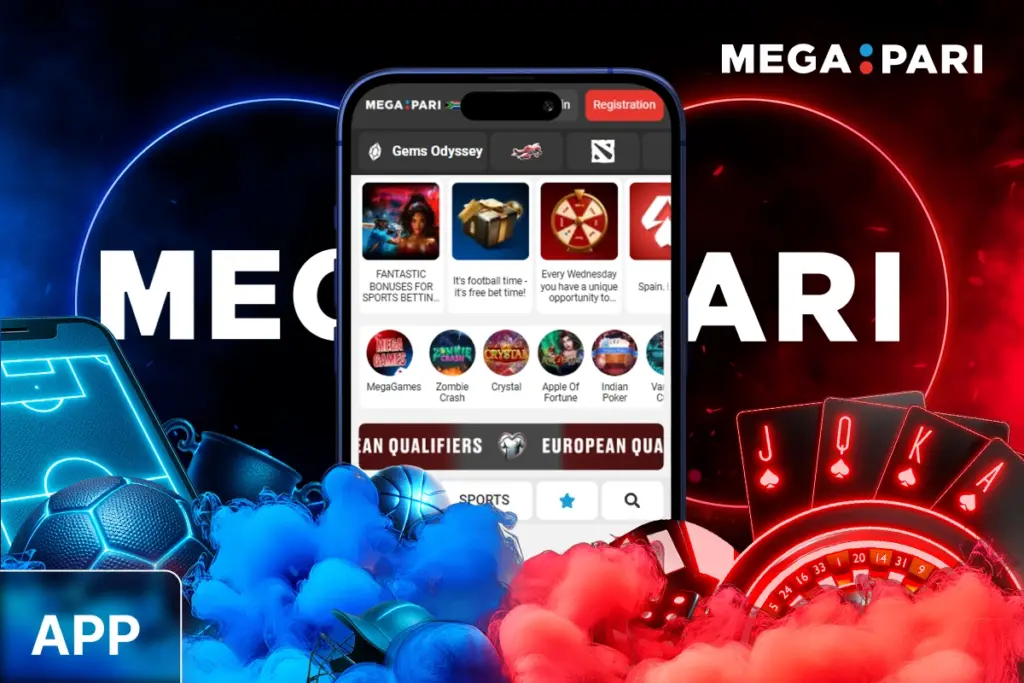 MegaPari mobile app banner with smartphone showing official MegaPari website, blue sports items and red casino elements around