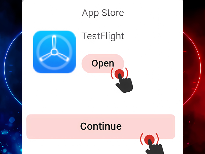 TestFlight app home screen on iOS showing Continue button to start and access MegaPari installation
