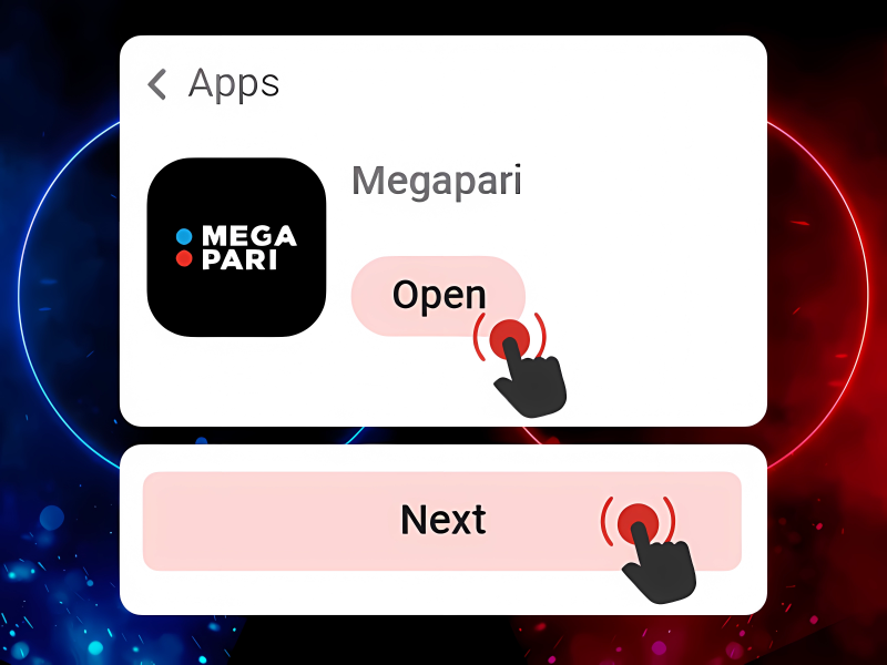 MegaPari app setup screen on iOS after installation showing Next button and notification permission prompt