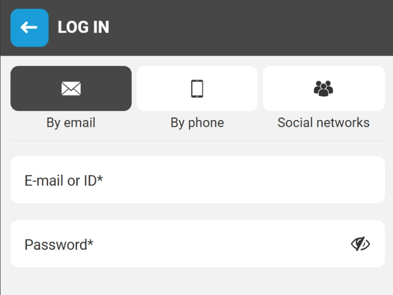 MegaPari mobile app login form showing fields for email, phone number or social media login and password entry