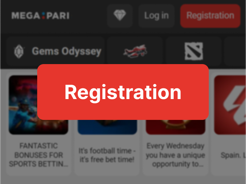 MegaPari mobile app home screen showing Registration button for creating new account on megaparibet.co.za