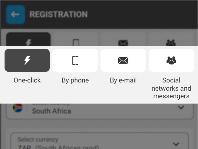 MegaPari app registration screen showing options to register by one click, phone, email or social networks
