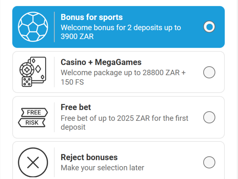 MegaPari app registration screen showing welcome bonus options for sports betting, casino and free bet offers