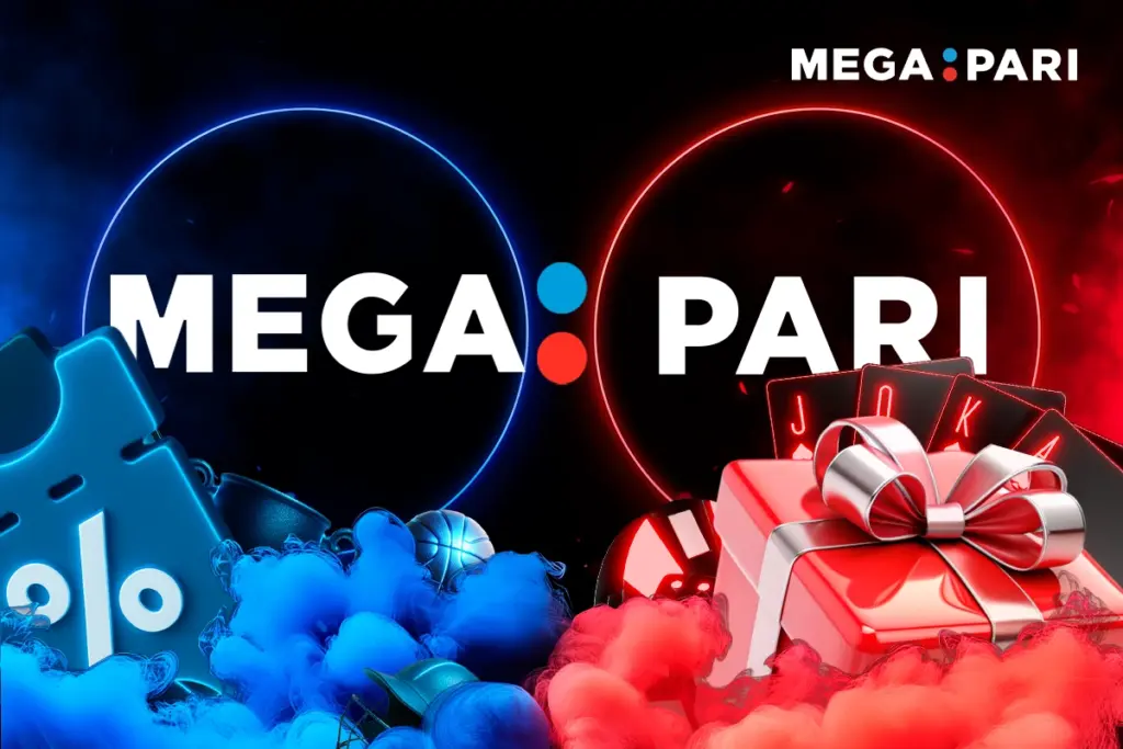 MegaPari South Africa promo image with blue promo code in smoke and red gift box surrounded by casino and sports elements