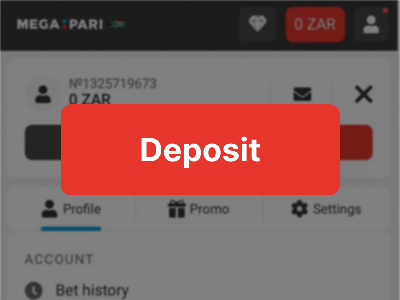 MegaPari dashboard on megaparibet.co.za showing highlighted Make a Deposit button in top-right corner after login