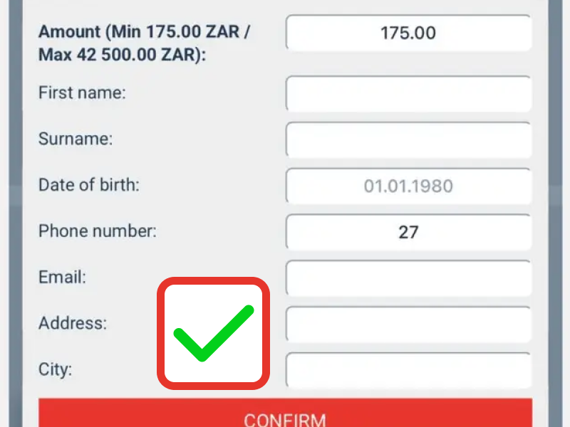 MegaPari deposit confirmation screen showing selected payment method and deposit amount for verification