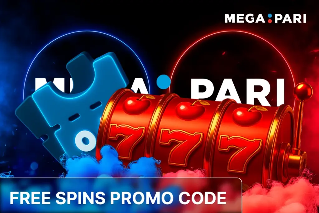 MegaPari free spins promo code with blue coupon and red slot machine in red and blue smoky glow