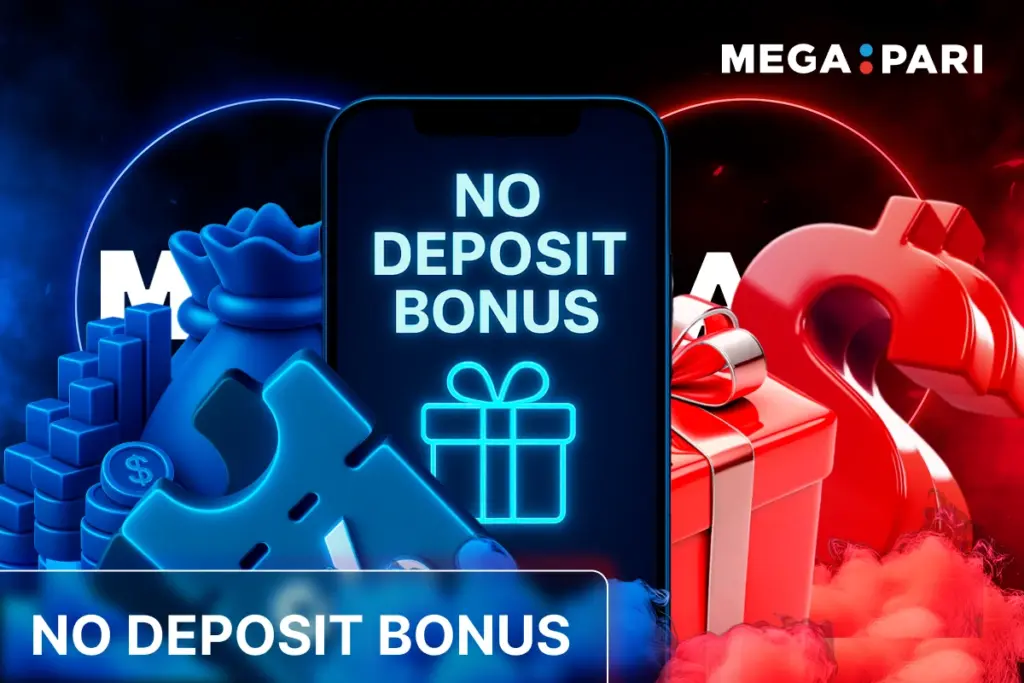 MegaPari no deposit bonus with smartphone displaying offer, money bag, red gift box, dollar sign and blue promo code