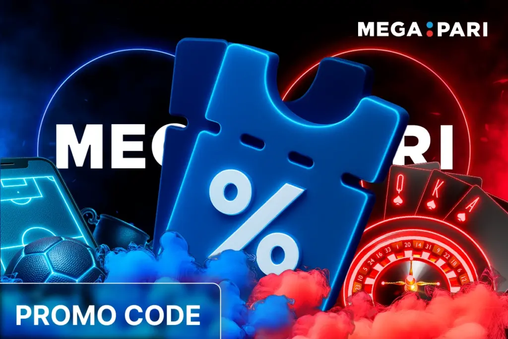MegaPari promo code blue coupon surrounded by red casino items and blue sports elements on glowing background