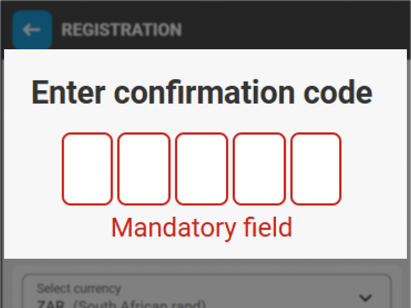 MegaPari registration by phone form showing input field for SMS confirmation code and Confirm button