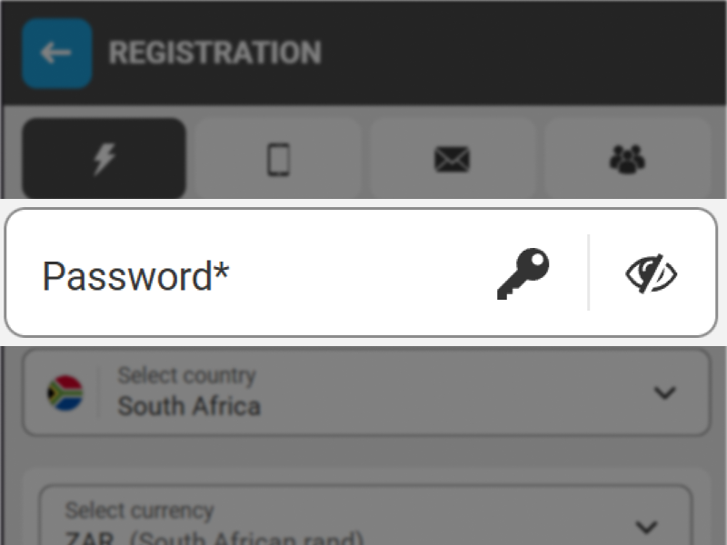 MegaPari registration by phone form showing input field for creating secure password