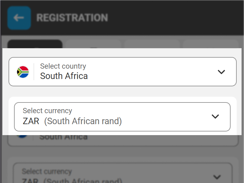 MegaPari registration via social networks form showing dropdowns to select country of residence and preferred currency