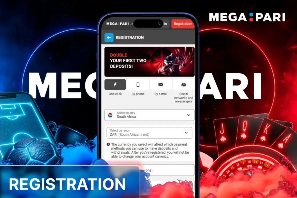 MegaPari registration with smartphone showing registration form, blue sports items and red casino elements on glowing background