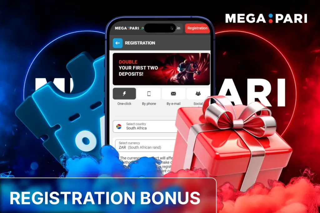 MegaPari registration bonus with smartphone registration form, blue promo code and red gift box on glowing background