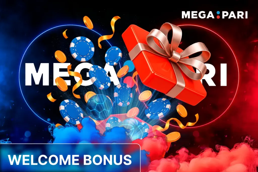 MegaPari welcome bonus with open red gift box releasing coins, confetti and sports accessories on blue and red neon background