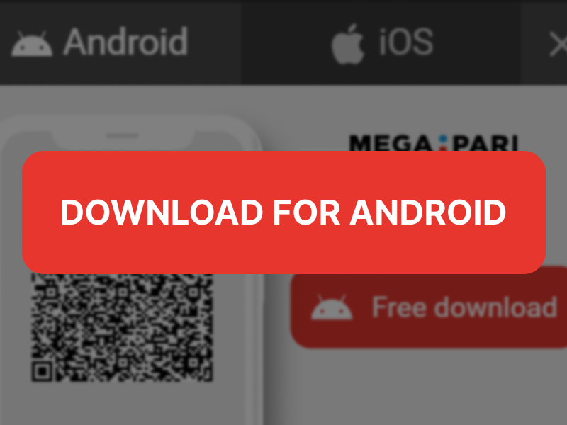 Megaparibet Android download page with QR code and red Download for Android button.