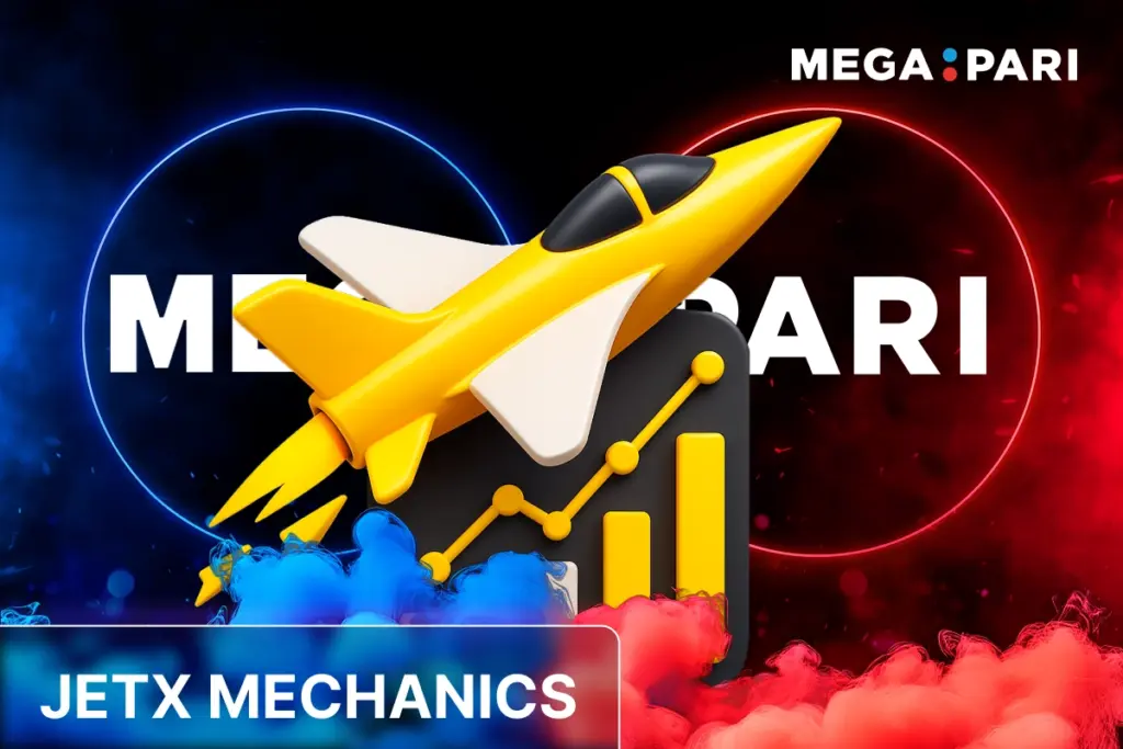 MegaPari JetX mechanics banner with yellow jet illustration and rising graph
