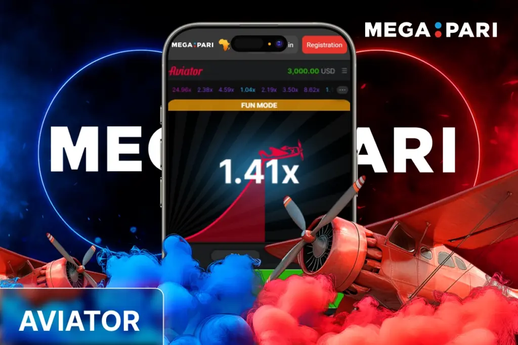 MegaPari Aviator game banner showing smartphone with 1.41x multiplier on blue-red background