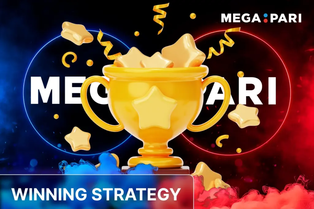 Golden trophy with stars and confetti on a blue-and-red glowing MEGAPARI background, symbolizing winning strategy.