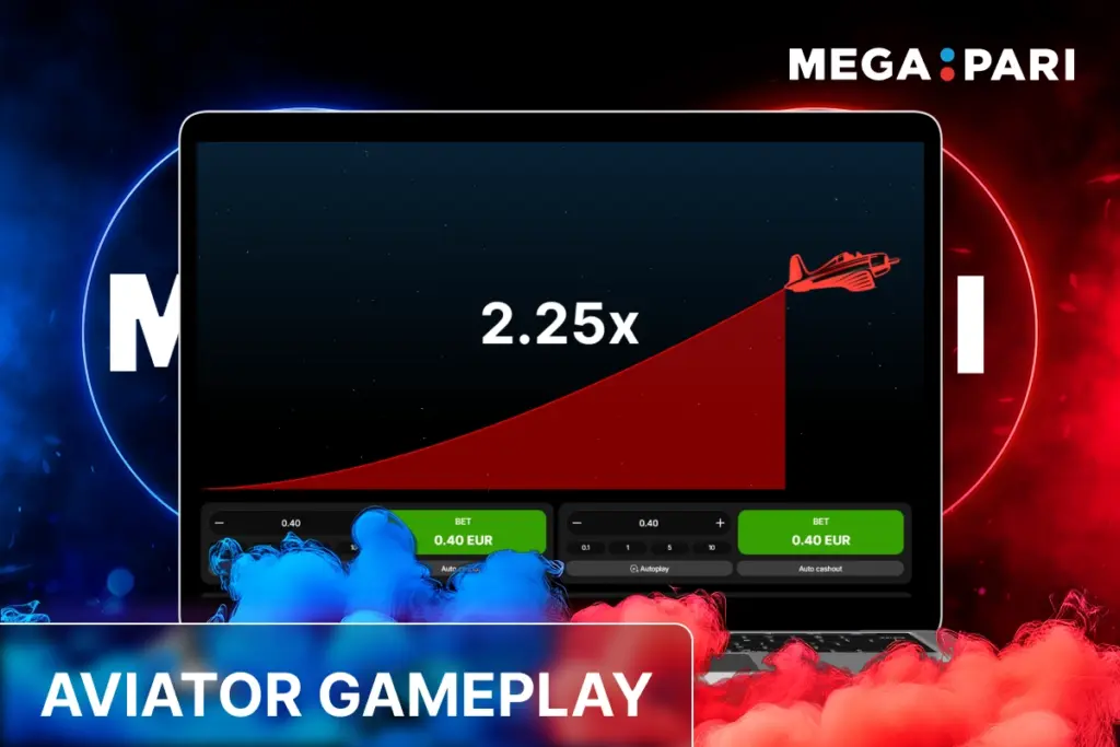 MegaPari Aviator gameplay banner with laptop screen showing rising multiplier graph