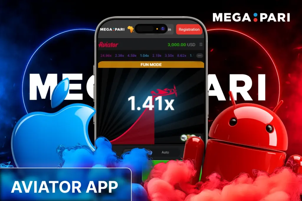Smartphone showing Aviator game multiplier above blue Apple and red Android icons on a glowing MEGAPARI background, promoting the Aviator app.