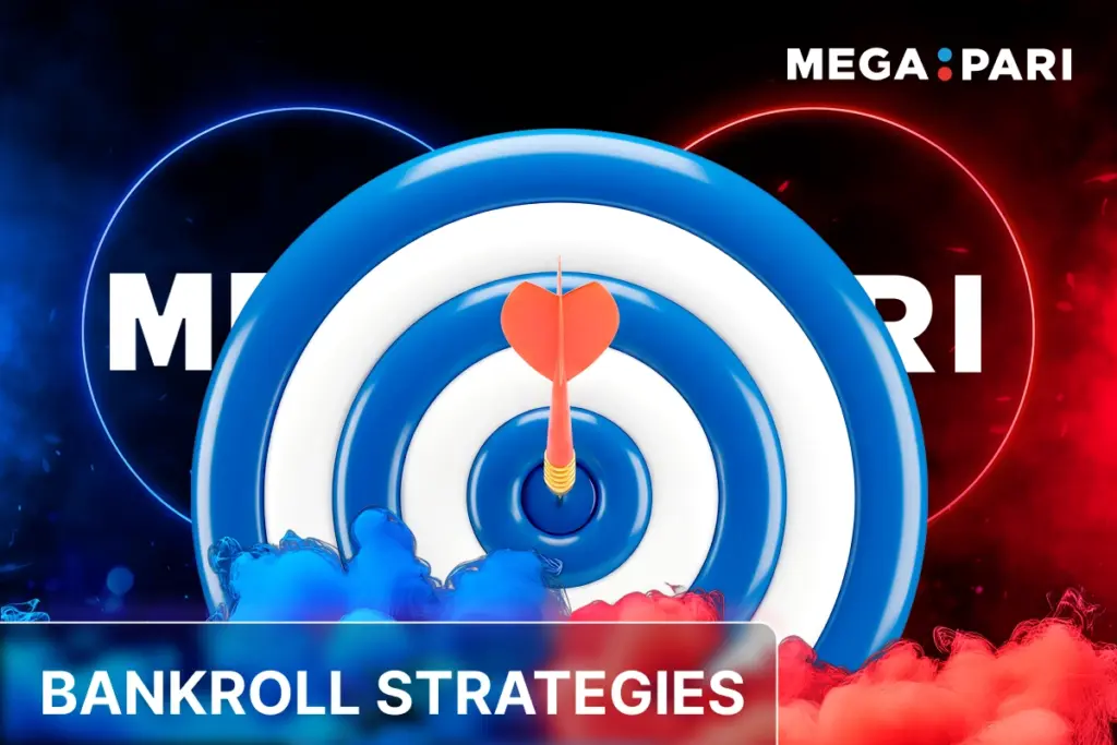 MegaPari bankroll strategies banner with target and arrow symbol on blue-red background