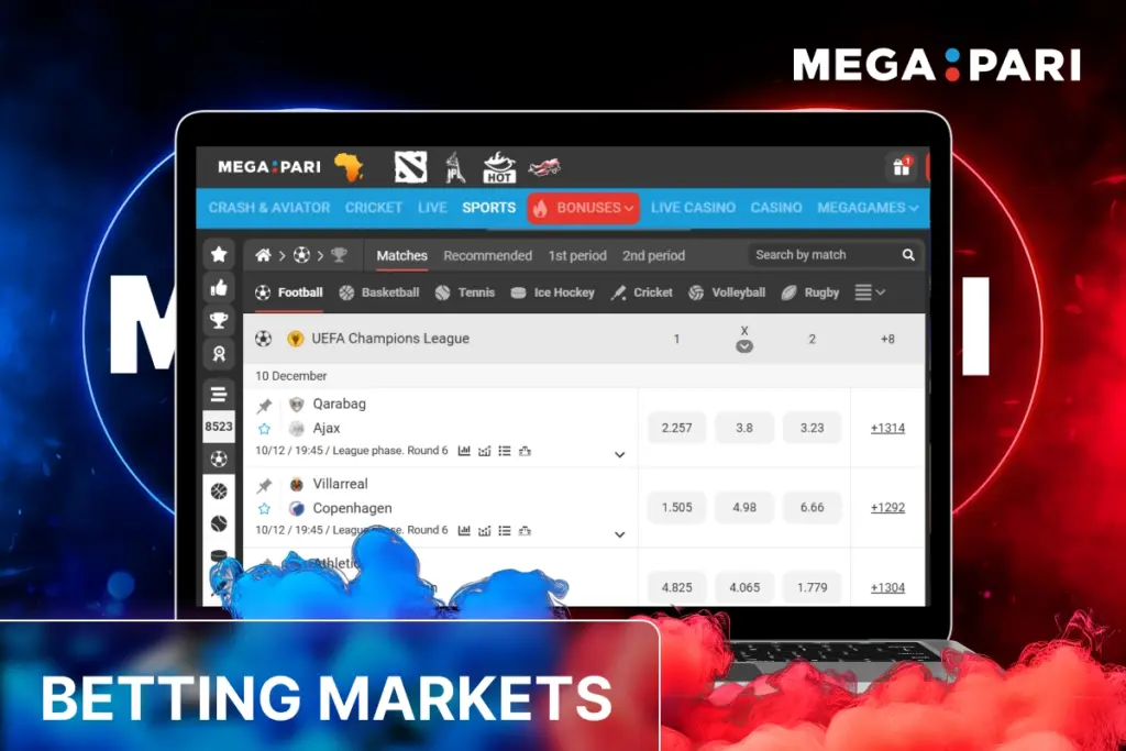 MegaPari betting markets banner showing sportsbook interface on laptop