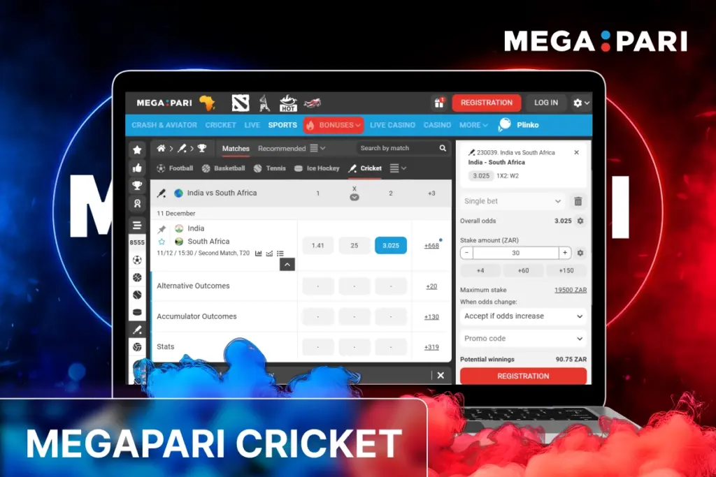 MegaPari cricket banner with sportsbook interface and cricket analytics screen