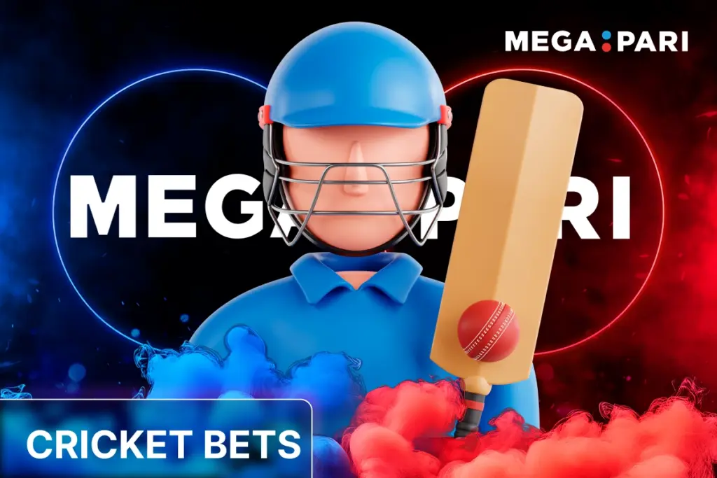 MegaPari cricket bets banner with 3D cricket player holding bat on blue-red background