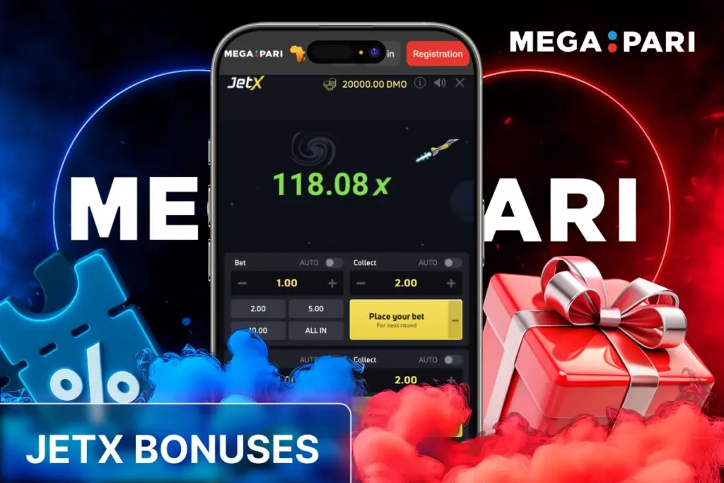 MegaPari JetX bonuses banner showing smartphone winnings screen with gift icons